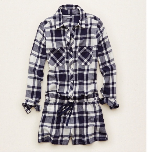 Aerie Plaid Flannel Button Front One Piece Pajama Romper Blue White sz XL - Picture 2 of 7